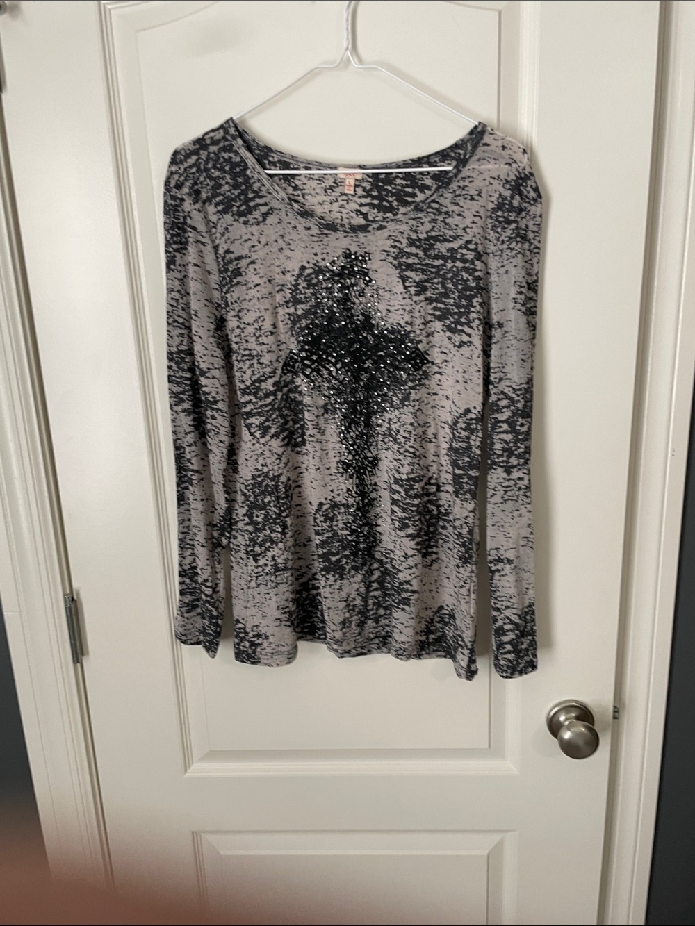 Reba Gray and Black Sequin Cross Long-Sleeve Tee